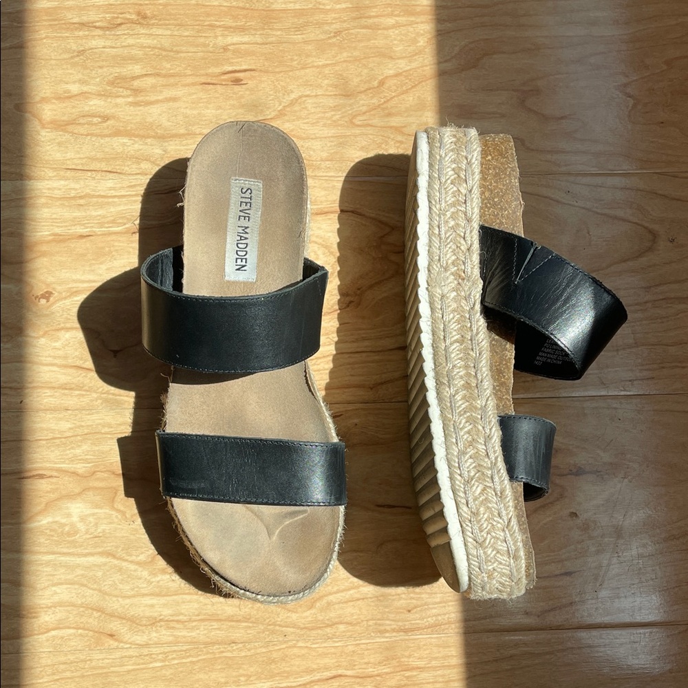 Steve Madden Black and Tan Espadrille Sandals